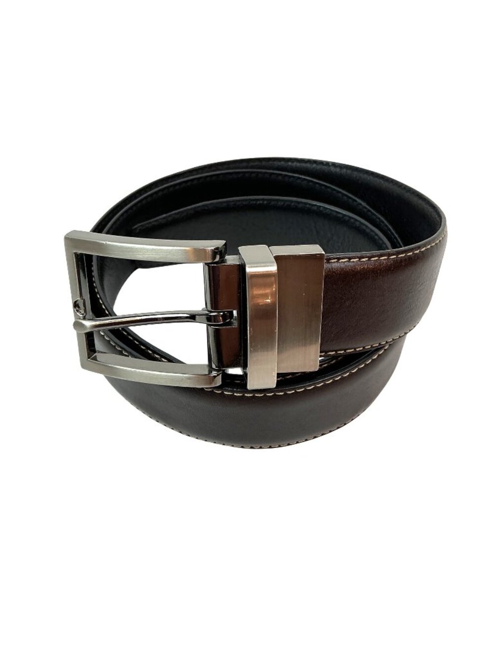 New Mens Brown & Black Reversible Leather Belt With Brushed Silver Buckle Adjust